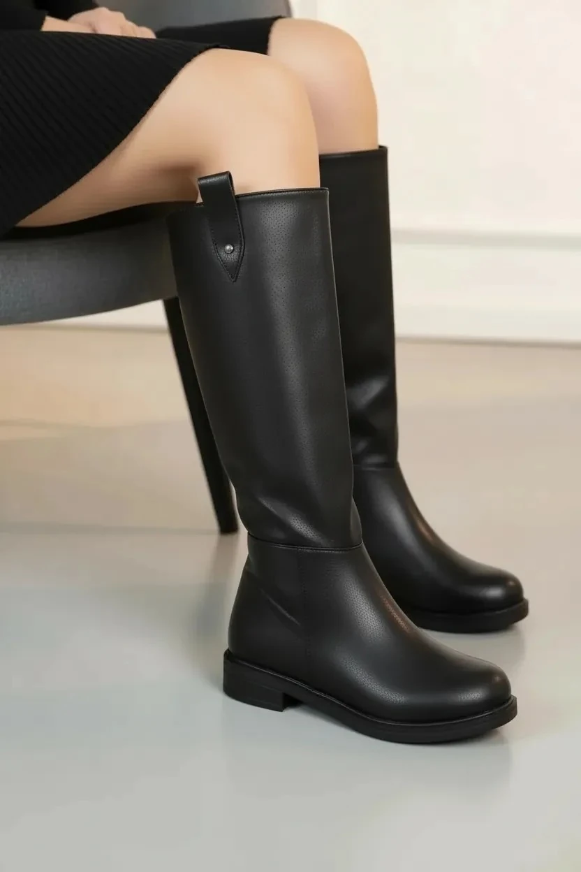 Kadın Fermuarlı Diz Altı İçi Kürklü Uzun Çizme A403NAV - Siyah