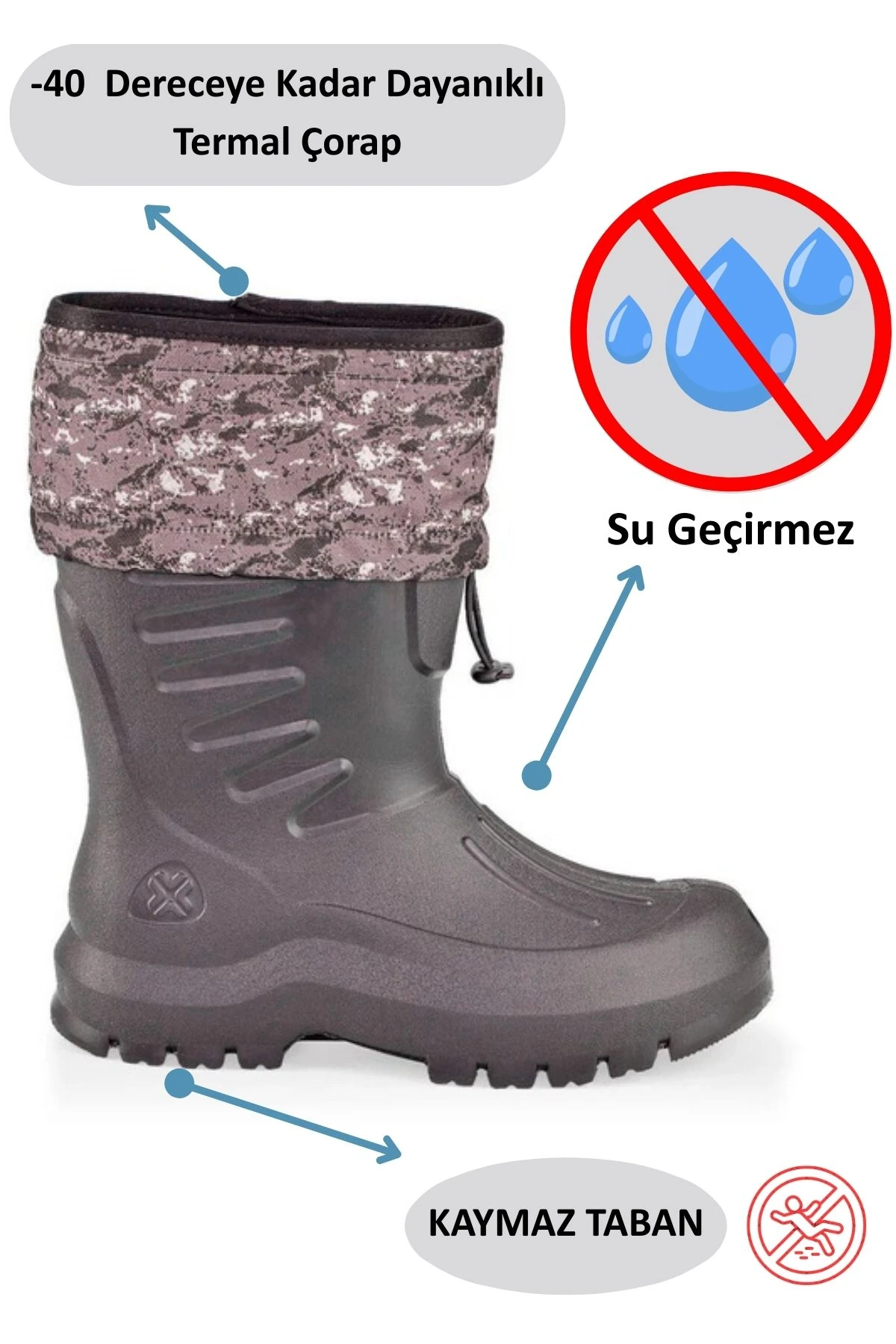 Erkek Termal Çoraplı Su Geçirmez Yağmur Çizmesi NBA01