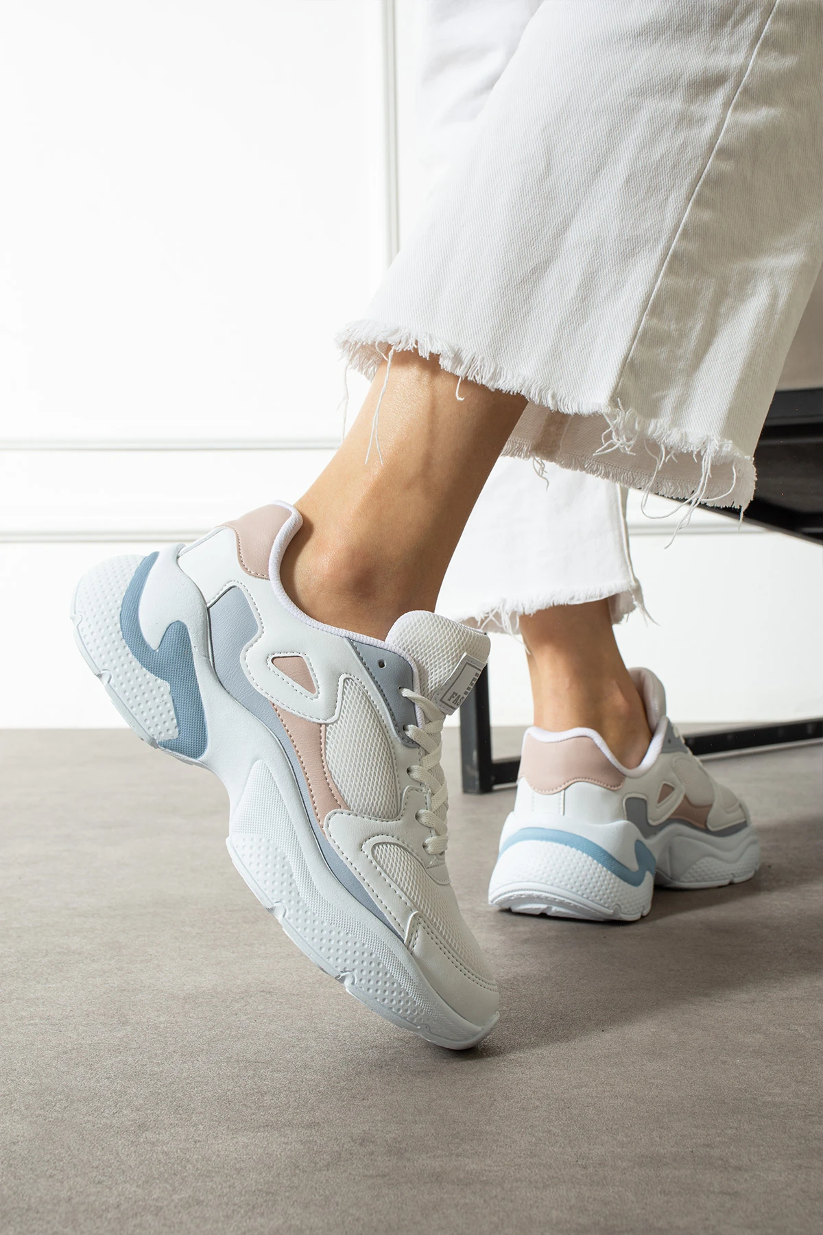 Kadın Bağcıklı Spor Ayakkabı 152NAV - beyaz mavi pudra
