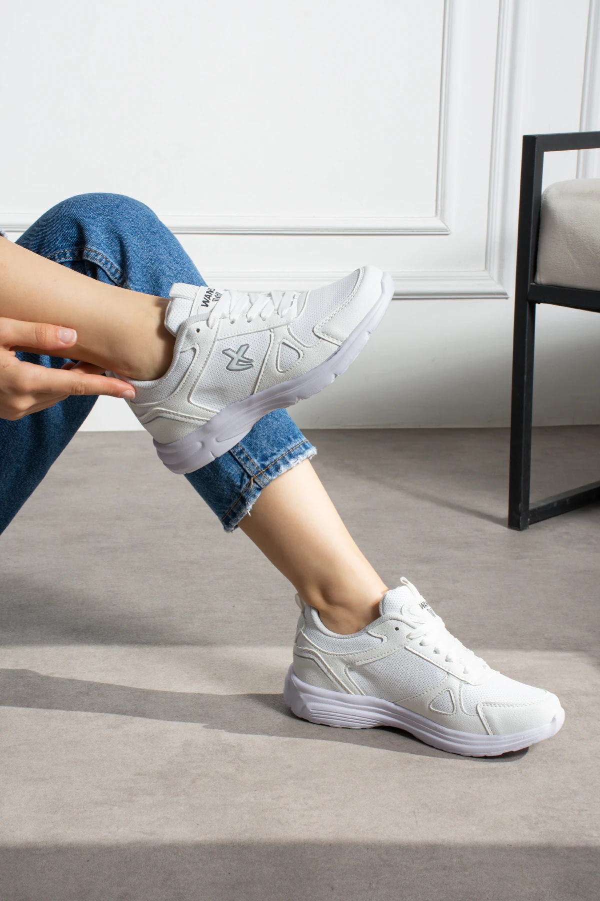 Unisex Bağcıklı Spor Ayakkabı Sneaker Kadın Erkek Büyük Beden 2065NAV - Beyaz