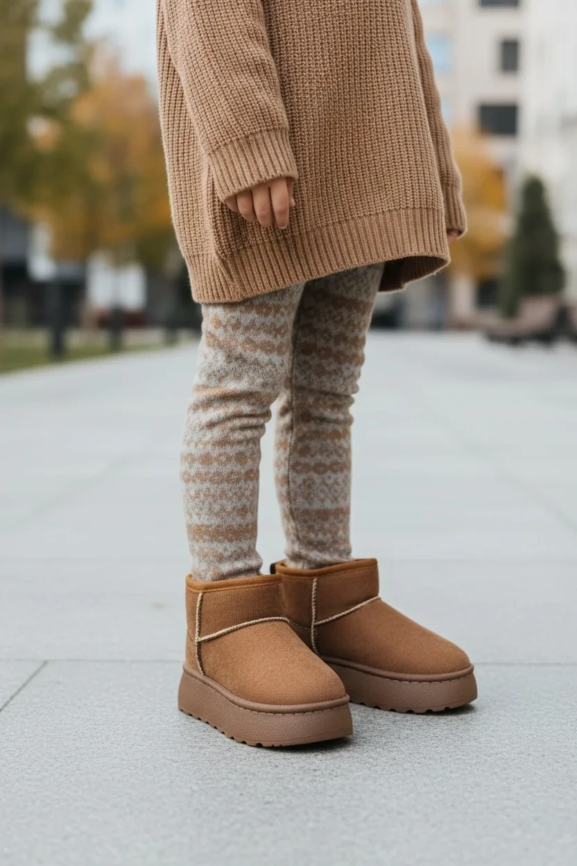 Çocuk Kürklü Kalın Topuklu Süet Kısa Bilekte Bot UG02 - Taba