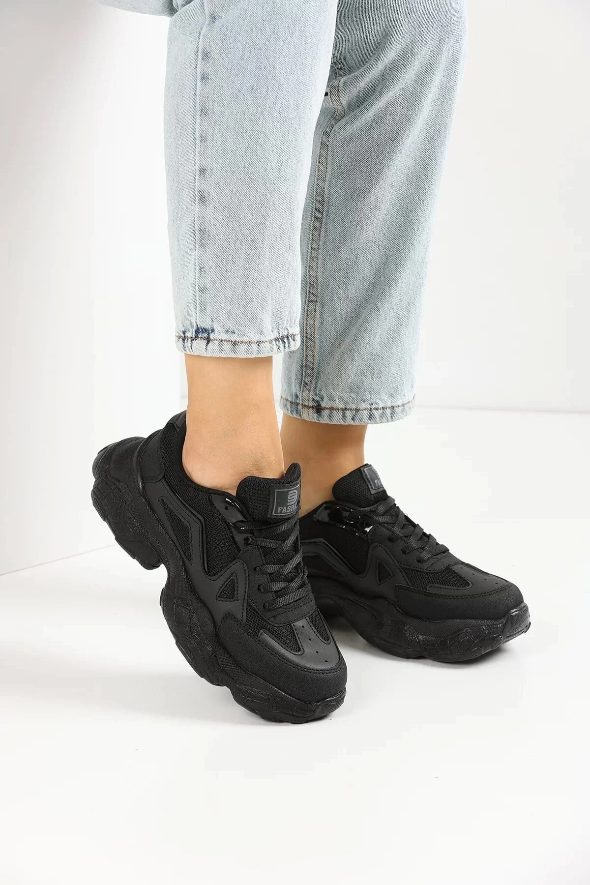 Kadın Sneaker Bağcıklı Spor Ayakkabı Günlük Okul 141NAV - Siyah