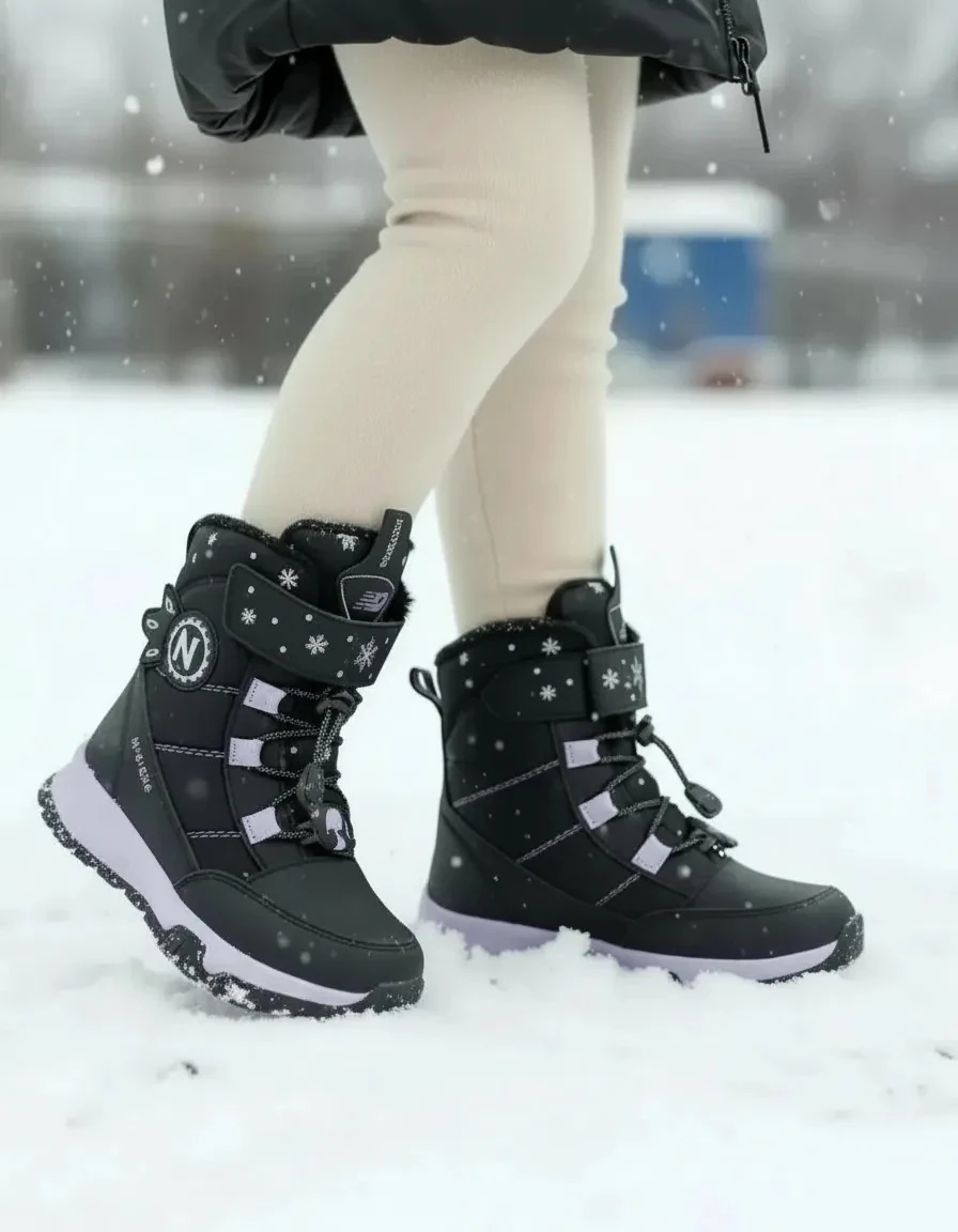 Kız Çocuk Su Geçirmez Kürklü Cırtlı ve Bağcıklı Kaymaz Taban Bot 014 - Siyah Lila