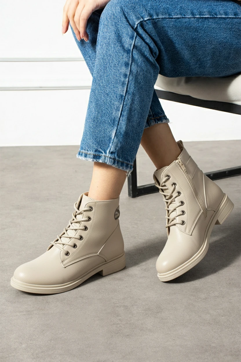 Kadın Kürklü Fermuarlı Kaymaz Taban Postal Bot A320NAV - krem