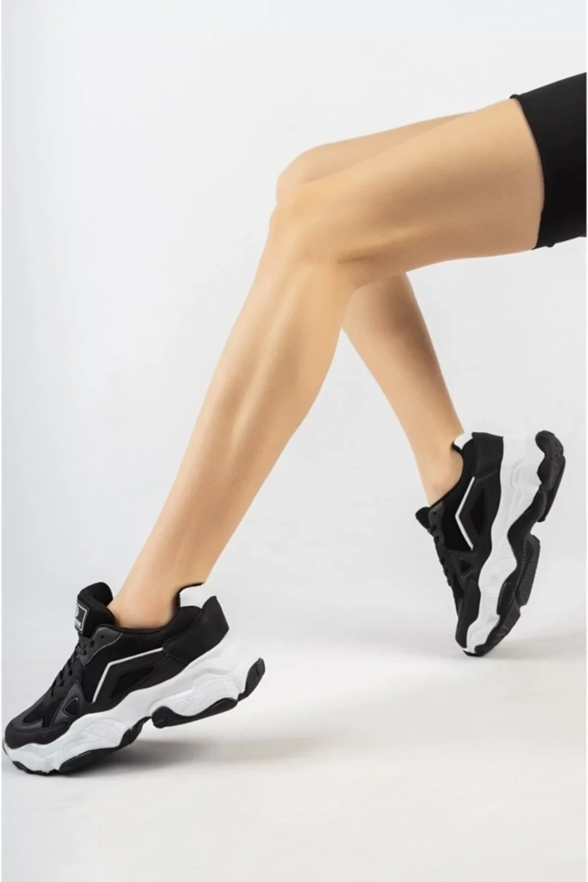 Kadın Sneaker Bağcıklı Spor Ayakkabı Günlük Okul 141NAV - Siyah Beyaz