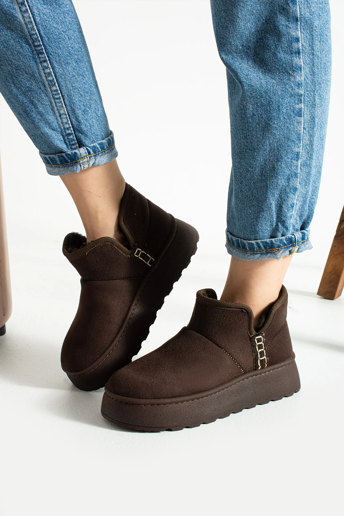 Kadın Kalın Topuklu Kürklü Kısa Bot UG01NAV - Kahverengi