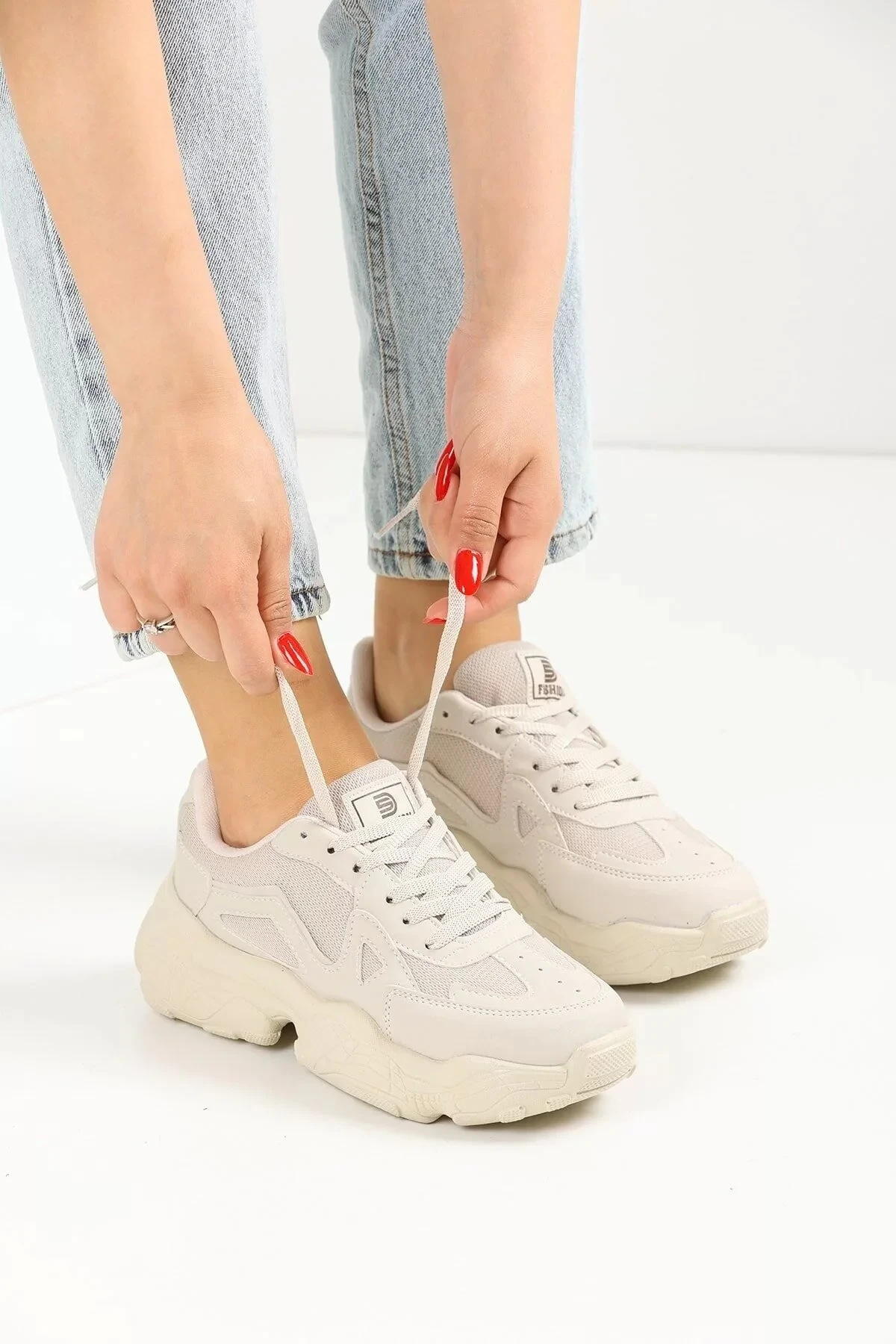 Kadın Sneaker Bağcıklı Spor Ayakkabı Günlük Okul 141NAV - Bej