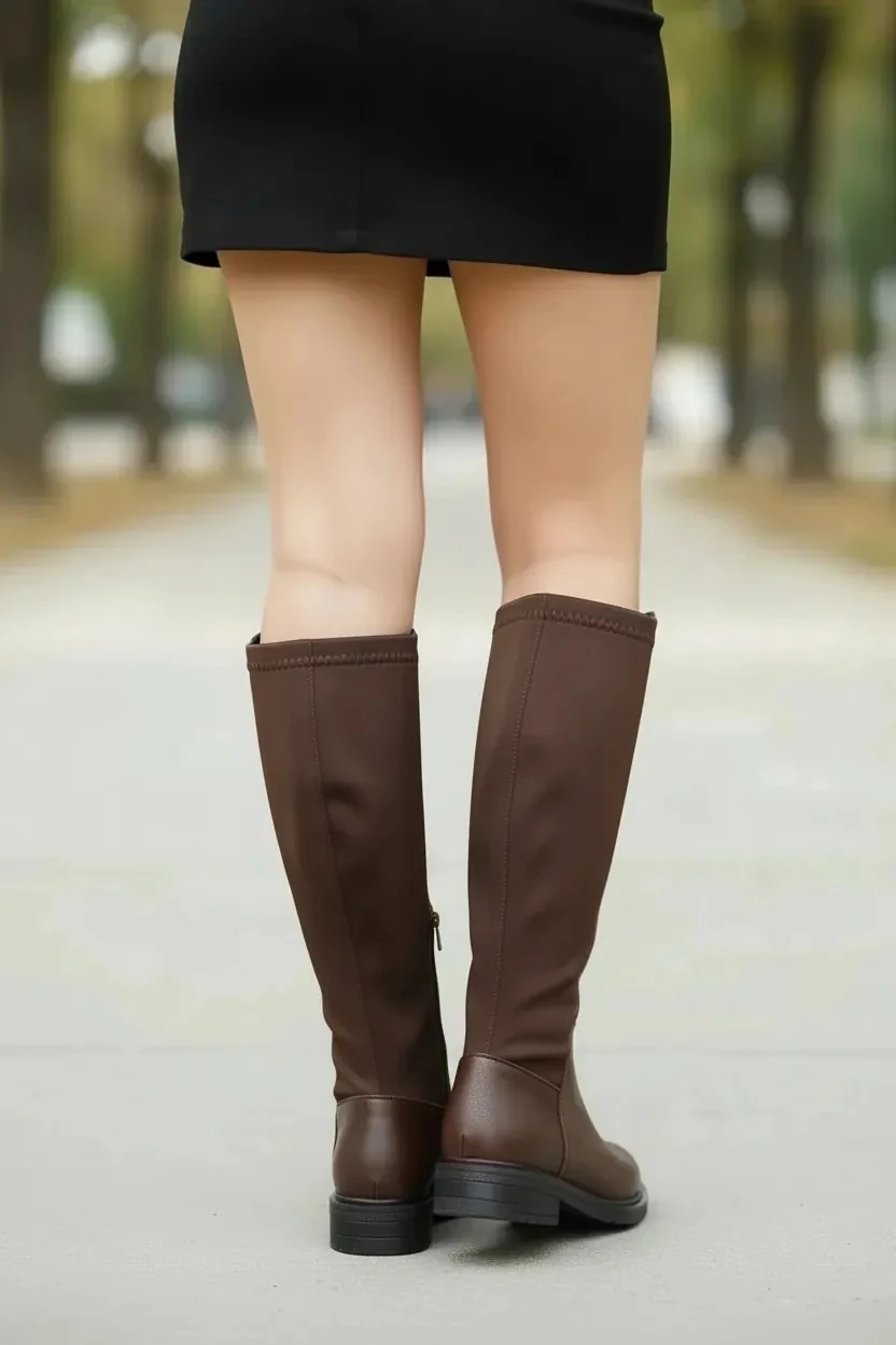 Kadın Fermuarlı Kürklü Kalın Bacaklara Uygun Çizme A400NAV - Kahverengi