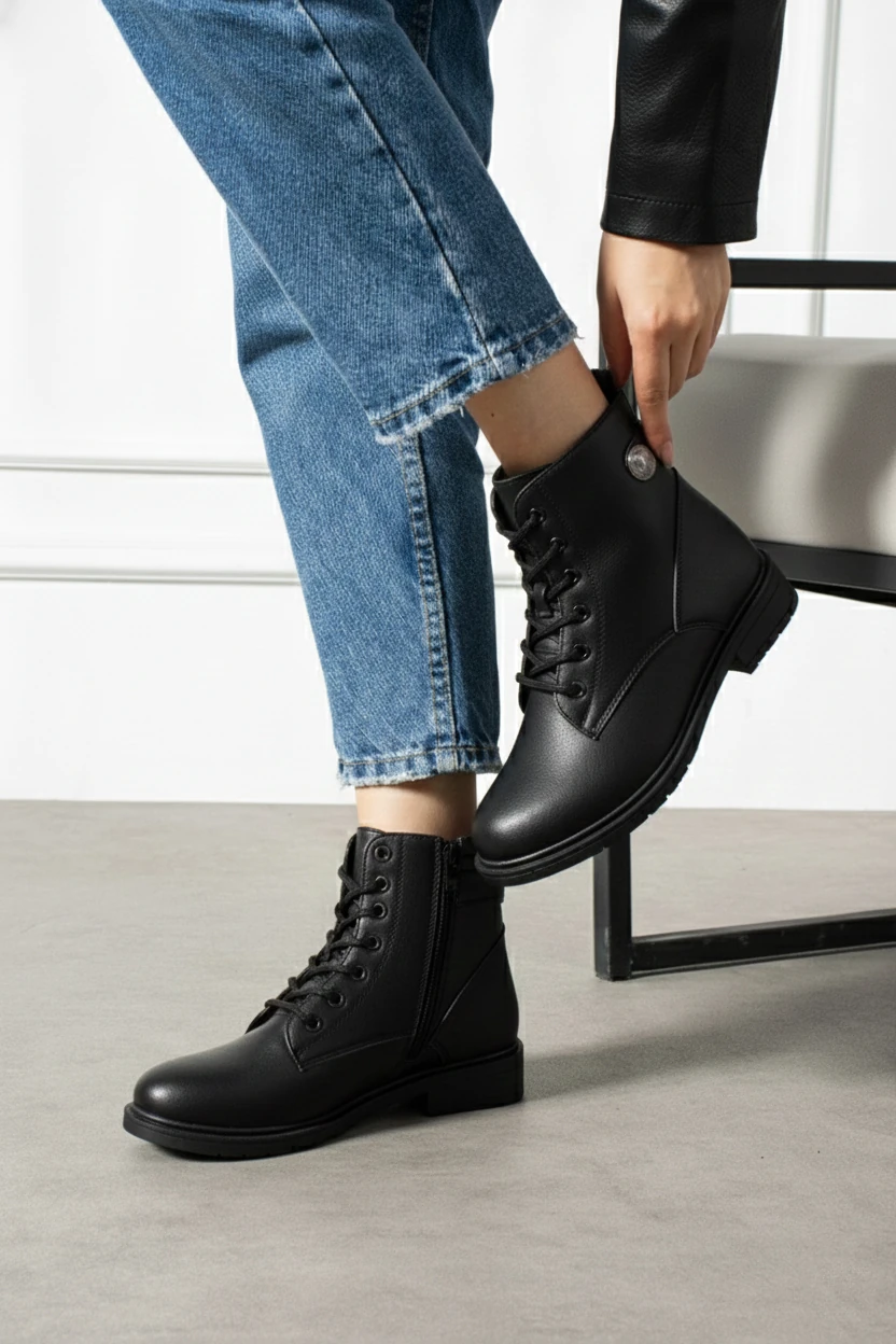 Kadın Kürklü Fermuarlı Kaymaz Taban Postal Bot A320NAV - Siyah