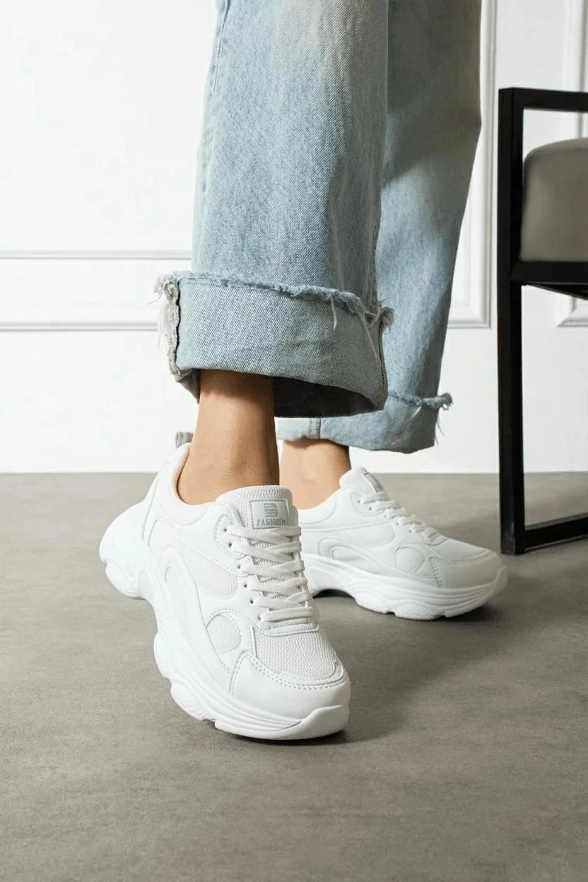 Kadın Sneaker Bağcıklı Spor Ayakkabı Okul Günlük 164NAV - Beyaz