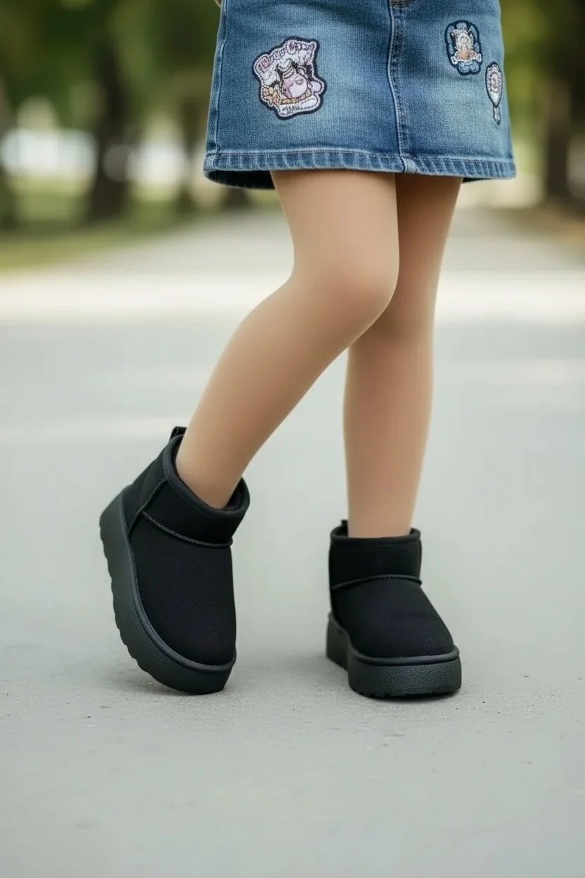 Çocuk Kürklü Kalın Topuklu Süet Kısa Bilekte Bot UG02 - Siyah