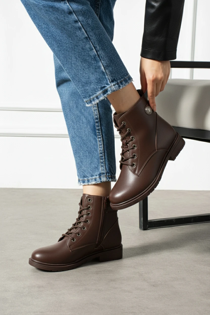 Kadın Kürklü Fermuarlı Kaymaz Taban Postal Bot A320NAV - Kahverengi