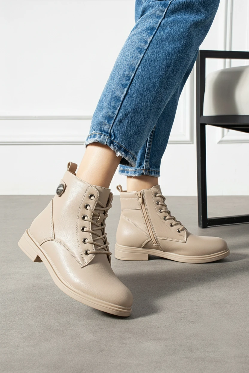 Kadın Kürklü Fermuarlı Kaymaz Taban Postal Bot A320NAV - krem