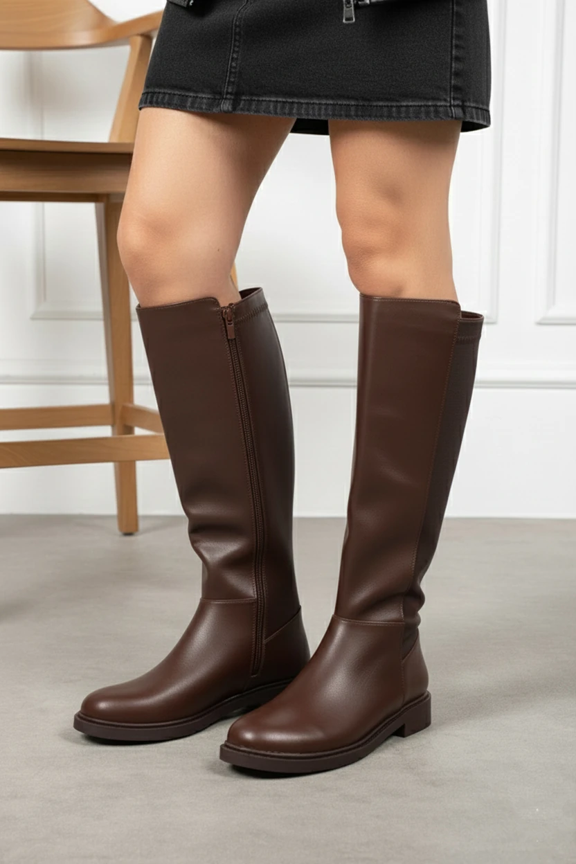 Kadın Fermuarlı Kürklü Kalın Bacaklara Uygun Çizme A400NAV - Kahverengi