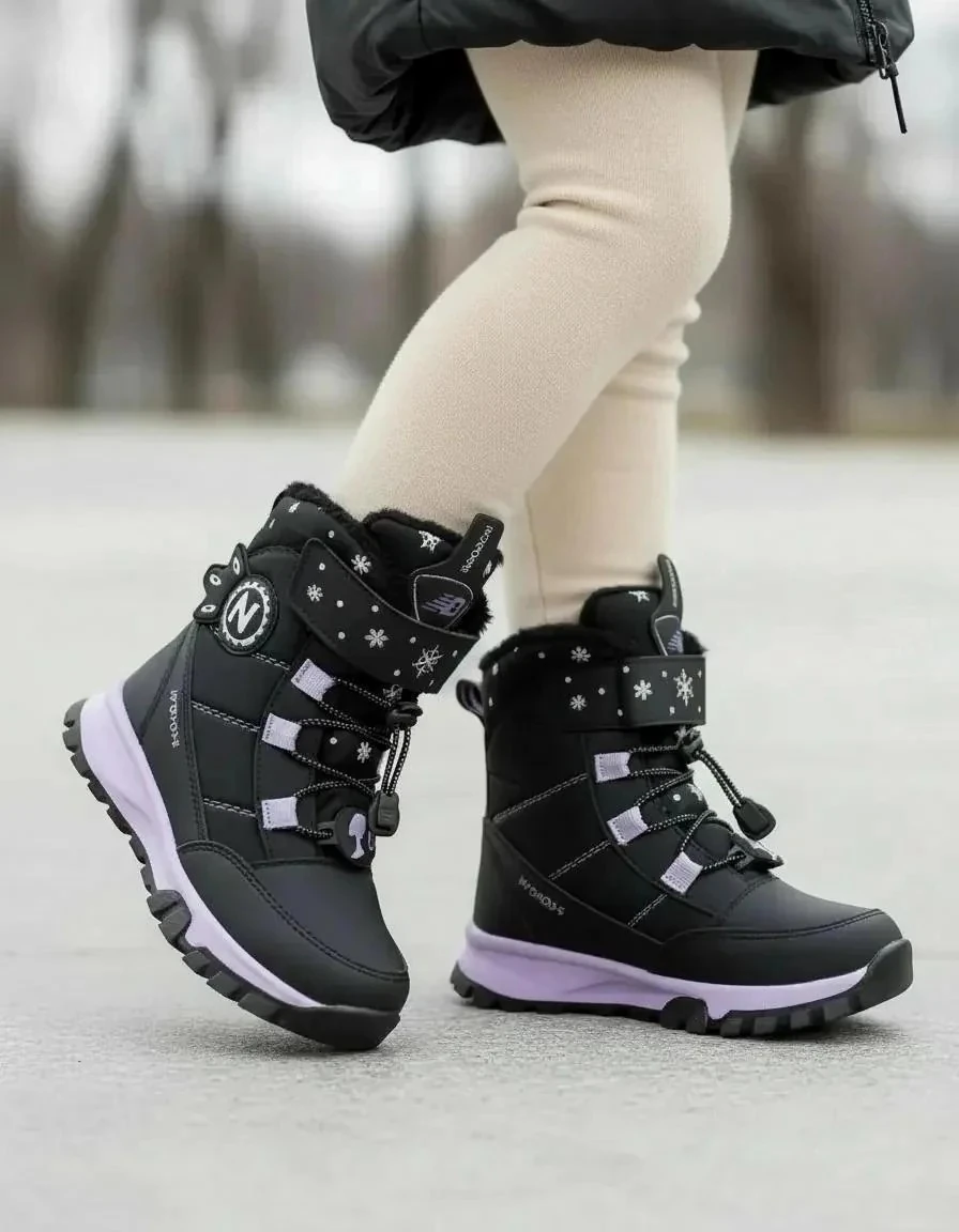 Kız Çocuk Su Geçirmez Kürklü Cırtlı ve Bağcıklı Kaymaz Taban Bot 014 - Siyah Lila