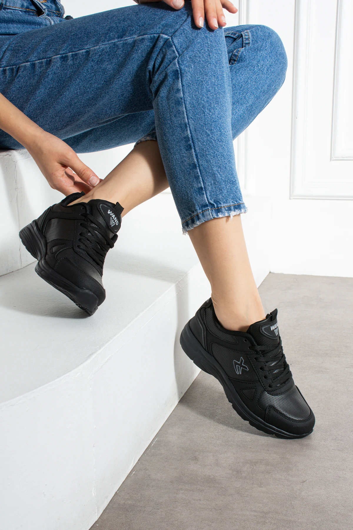 Unisex Bağcıklı Spor Ayakkabı Sneaker Kadın Erkek Büyük Beden 2065NAV - Siyah