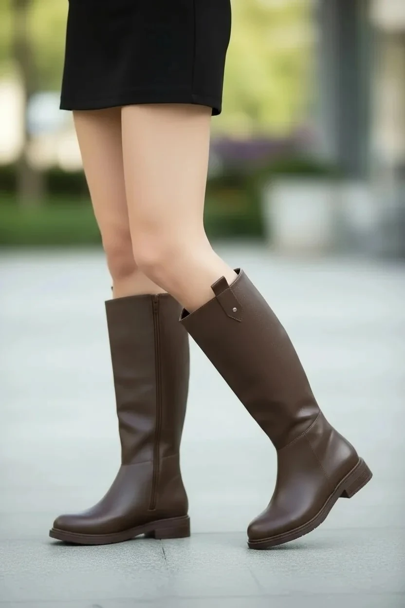 Kadın Fermuarlı Diz Altı İçi Kürklü Uzun Çizme A403NAV - Kahverengi