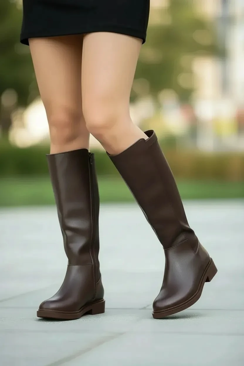 Kadın Fermuarlı Kürklü Kalın Bacaklara Uygun Çizme A400NAV - Kahverengi