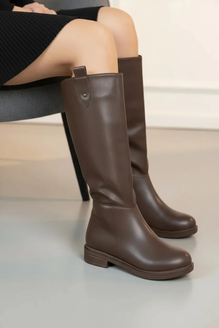 Kadın Fermuarlı Diz Altı İçi Kürklü Uzun Çizme A403NAV - Kahverengi