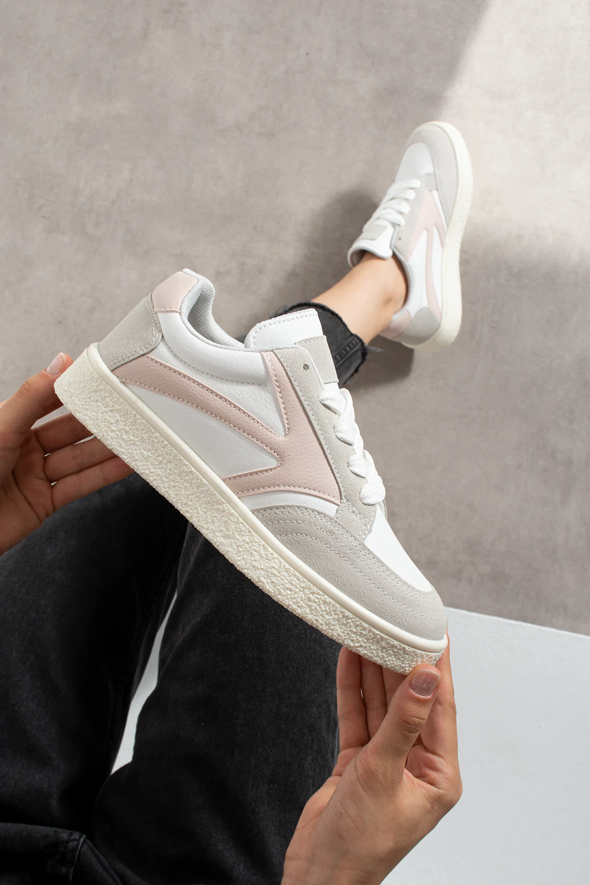 Kadın Bağcıklı Spor Ayakkabı Sneaker Günlük Okul 121NAV - Beyaz Pudra