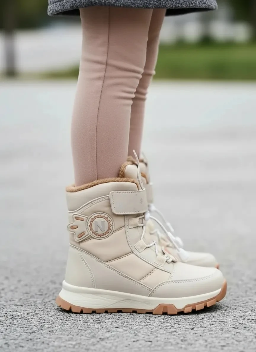 Kız Çocuk Su Geçirmez Kürklü Cırtlı ve Bağcıklı Kaymaz Taban Bot 014 - Bej