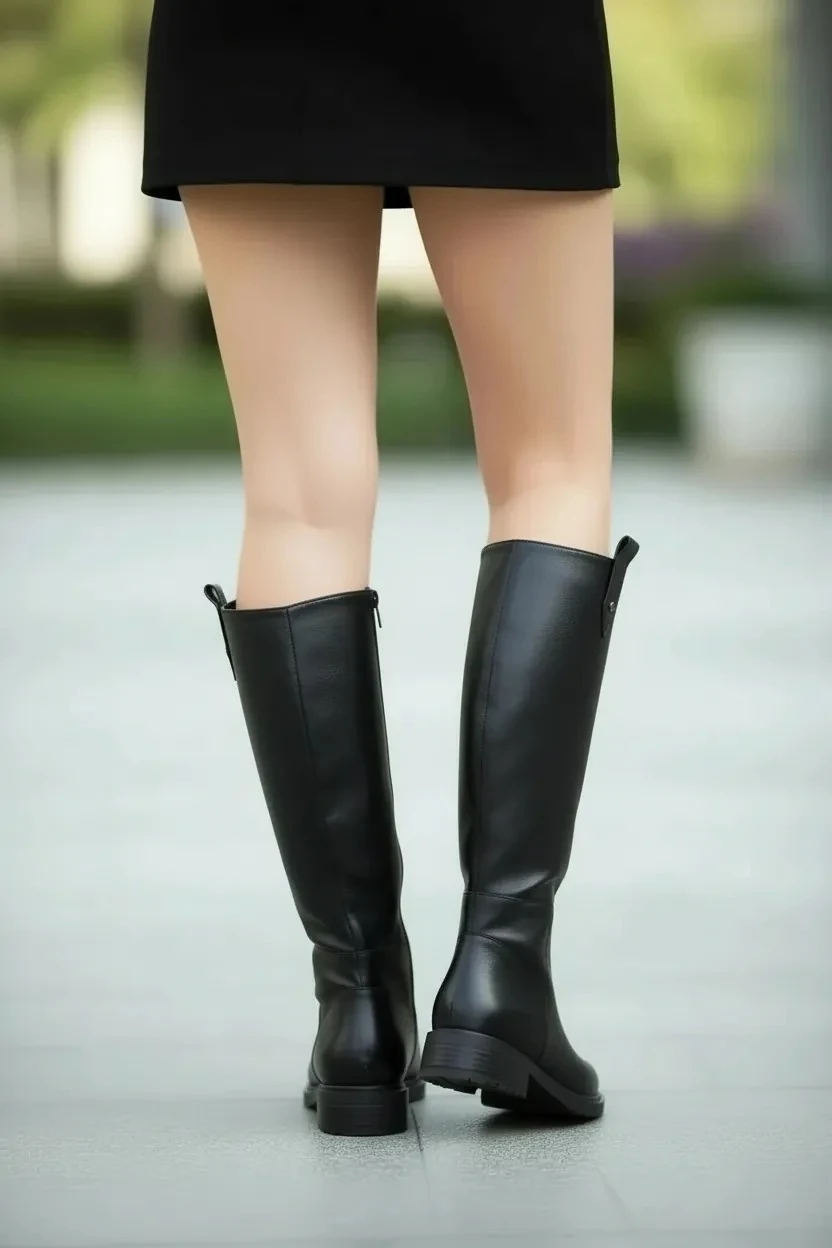 Kadın Fermuarlı Diz Altı İçi Kürklü Uzun Çizme A403NAV - Siyah