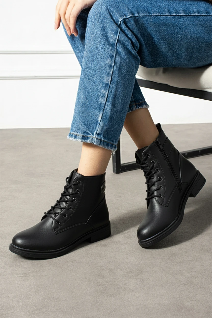 Kadın Kürklü Fermuarlı Kaymaz Taban Postal Bot A320NAV - Siyah