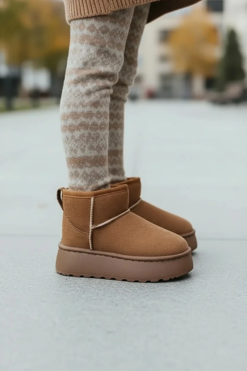 Çocuk Kürklü Kalın Topuklu Süet Kısa Bilekte Bot UG02 - Taba