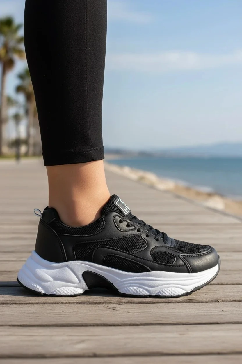 Kadın Sneaker Bağcıklı Spor Ayakkabı Okul Günlük 164NAV - Siyah Beyaz