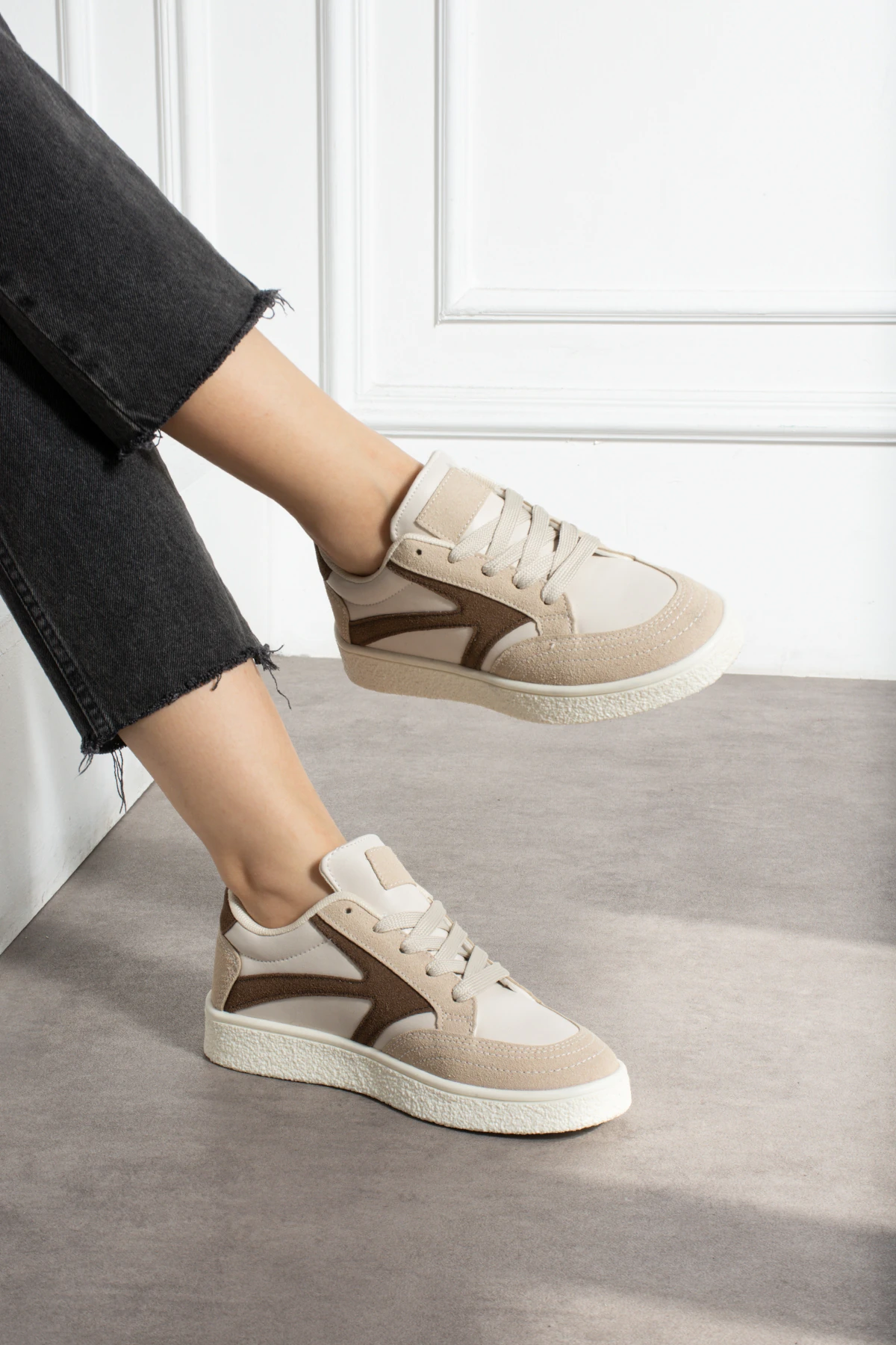 Kadın Bağcıklı Spor Ayakkabı Sneaker Günlük Okul 121NAV - Bej
