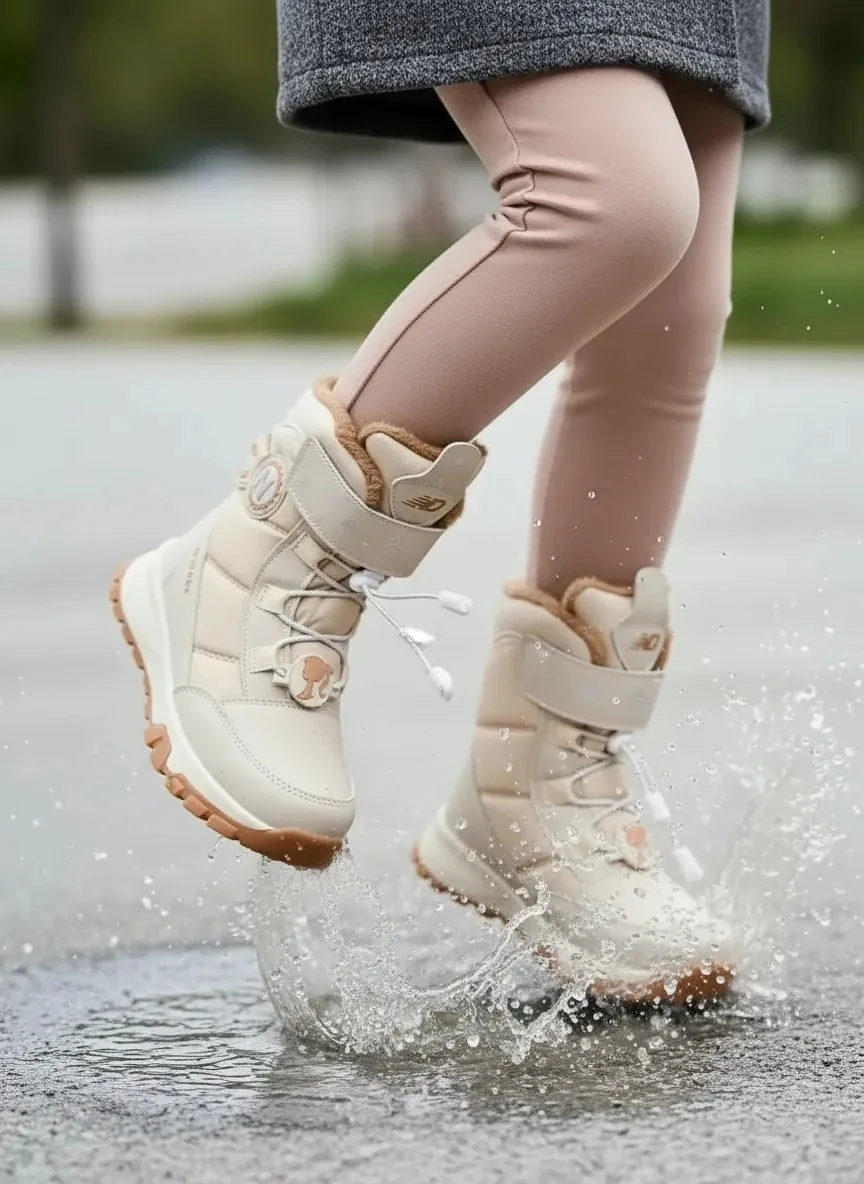 Kız Çocuk Su Geçirmez Kürklü Cırtlı ve Bağcıklı Kaymaz Taban Bot 014 - Bej