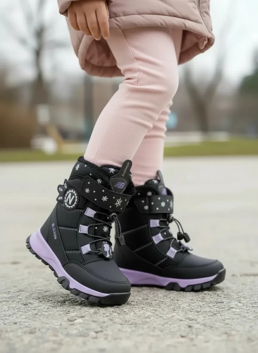 Kız Çocuk Su Geçirmez Kürklü Cırtlı ve Bağcıklı Kaymaz Taban Bot 014 - Siyah Lila