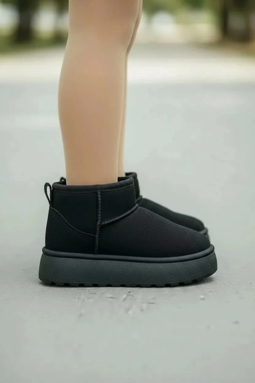 Çocuk Kürklü Kalın Topuklu Süet Kısa Bilekte Bot UG02 - Siyah