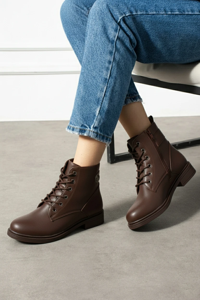 Kadın Kürklü Fermuarlı Kaymaz Taban Postal Bot A320NAV - Kahverengi