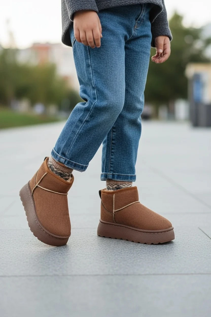 Çocuk Kürklü Kalın Topuklu Süet Kısa Bilekte Bot UG02 - Taba