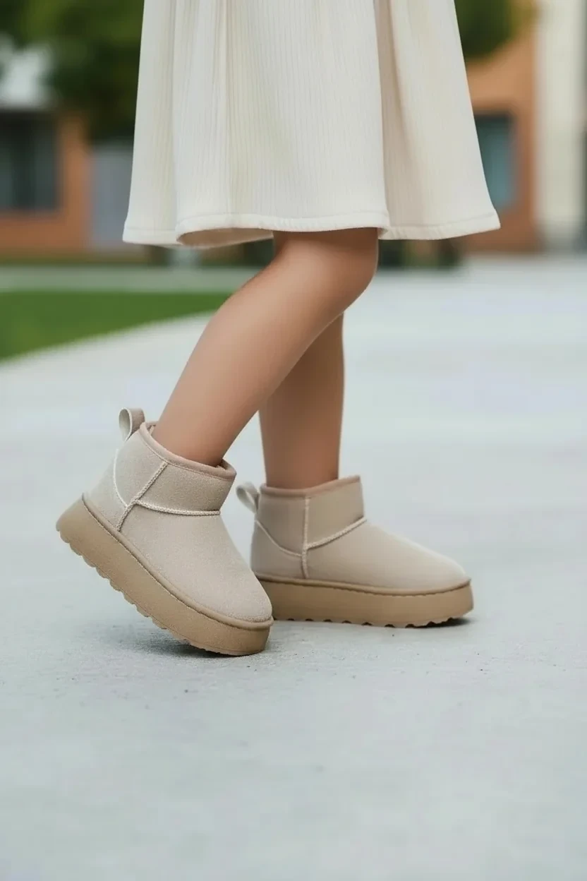 Çocuk Kürklü Kalın Topuklu Süet Kısa Bilekte Bot UG02 - Bej