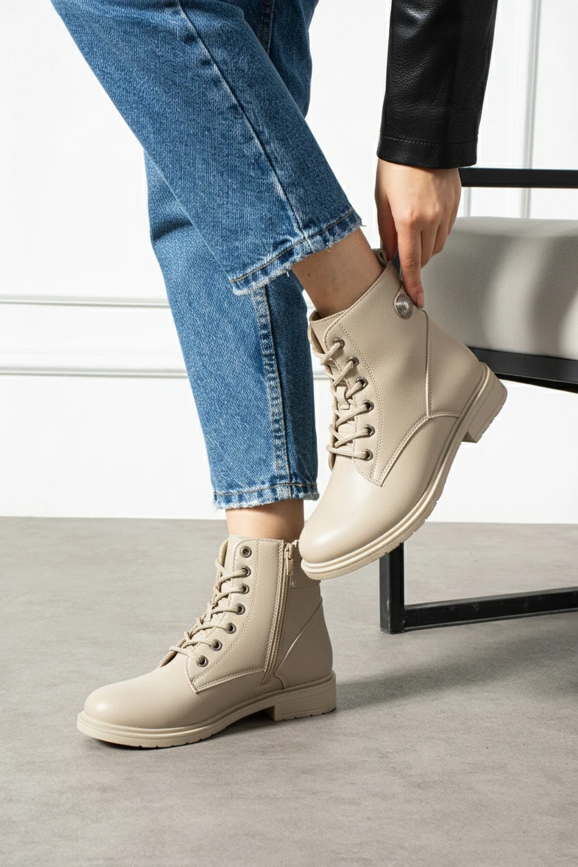 Kadın Kürklü Fermuarlı Kaymaz Taban Postal Bot A320NAV - krem