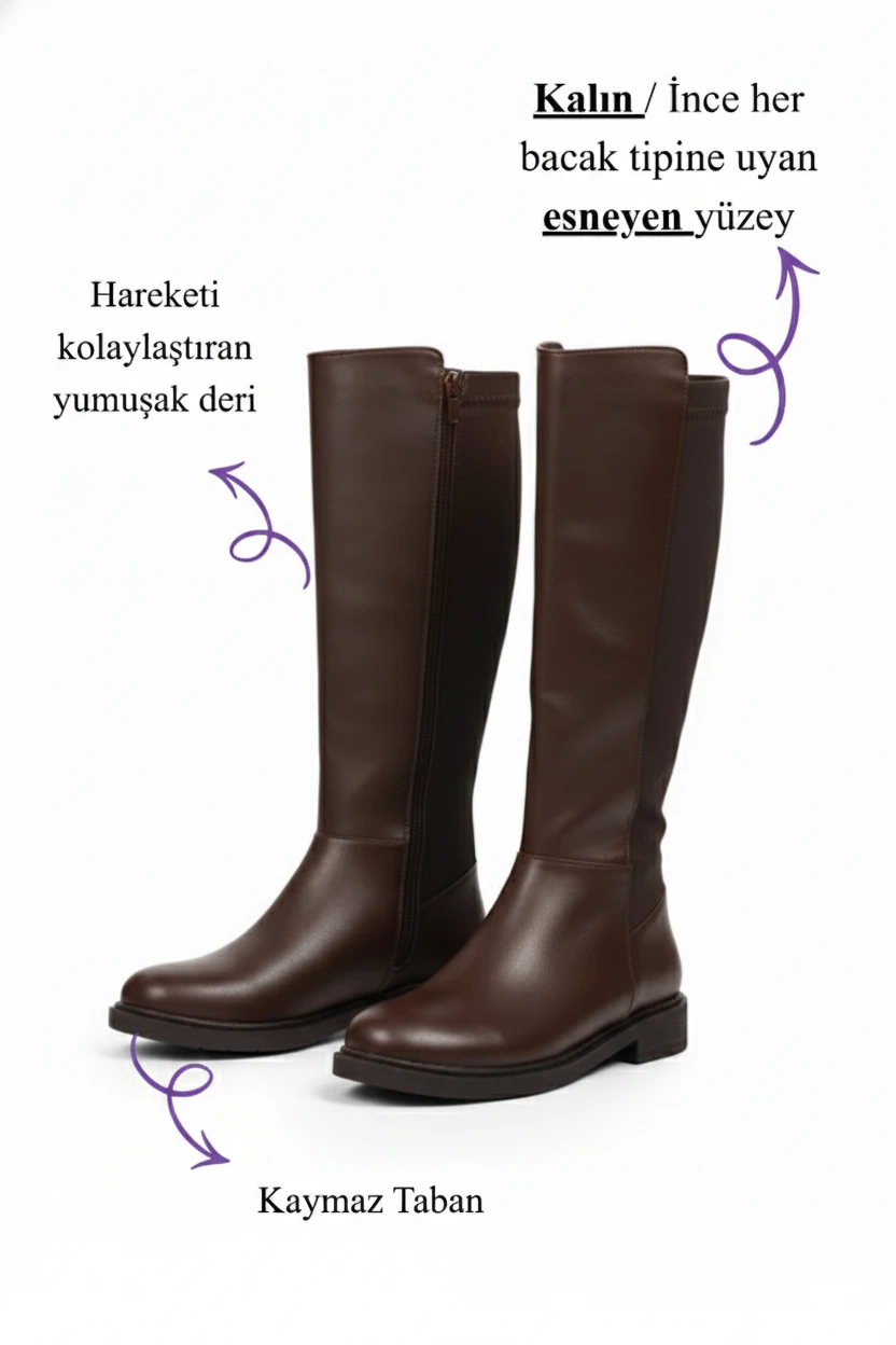 Kadın Fermuarlı Kürklü Kalın Bacaklara Uygun Çizme A400NAV - Kahverengi