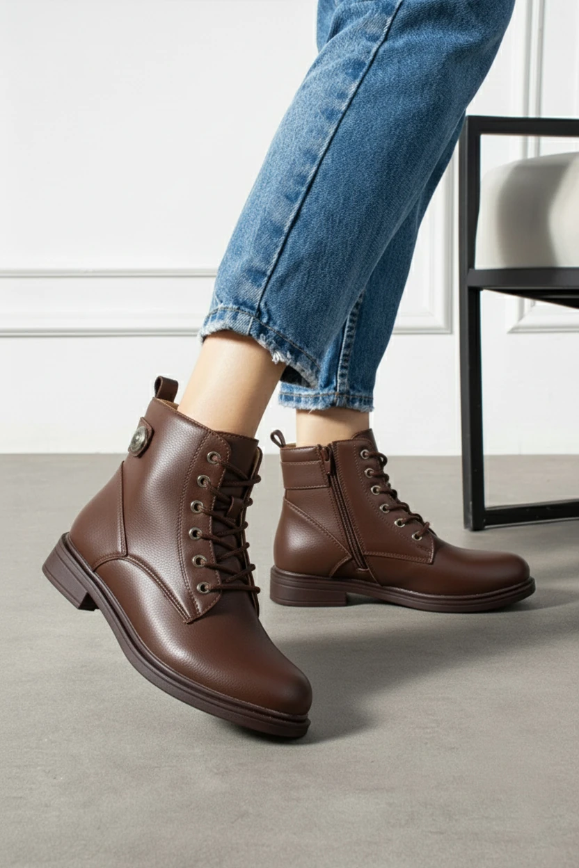 Kadın Kürklü Fermuarlı Kaymaz Taban Postal Bot A320NAV - Kahverengi