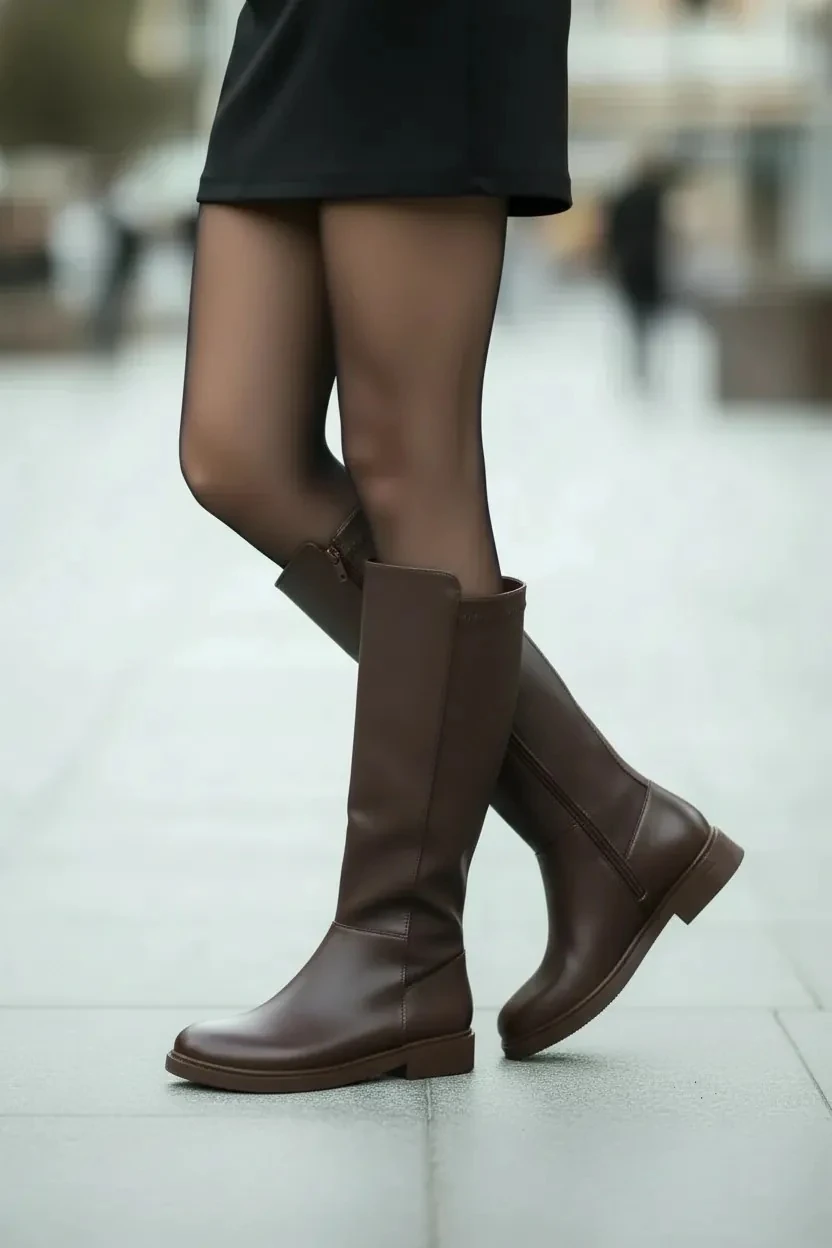 Kadın Fermuarlı Kürklü Kalın Bacaklara Uygun Çizme A400NAV - Kahverengi