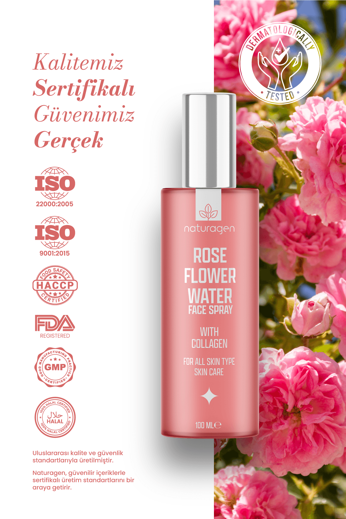 Rose Flower Face Spray Kolajenli %100 Doğal Tonik