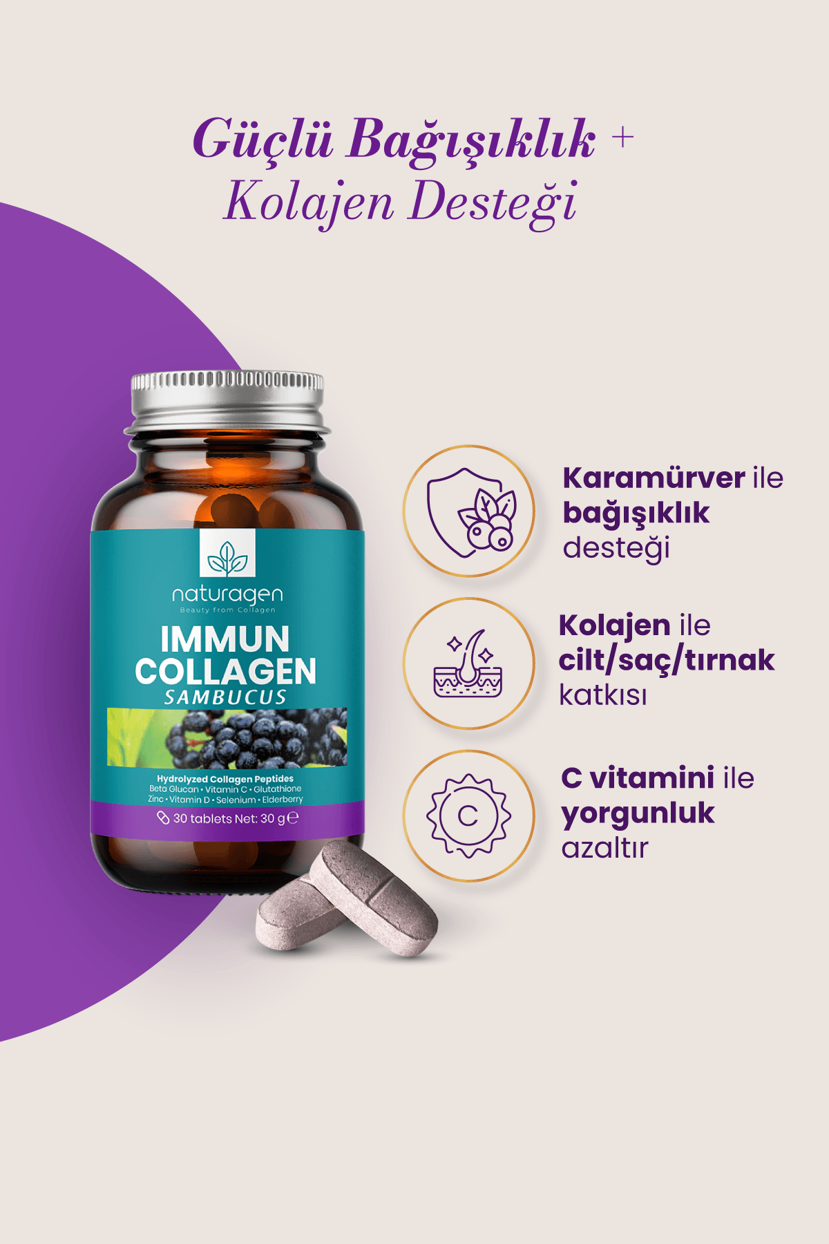 Immun Collagen Sambucus (Karamürver) 30 Tablet Kolajen