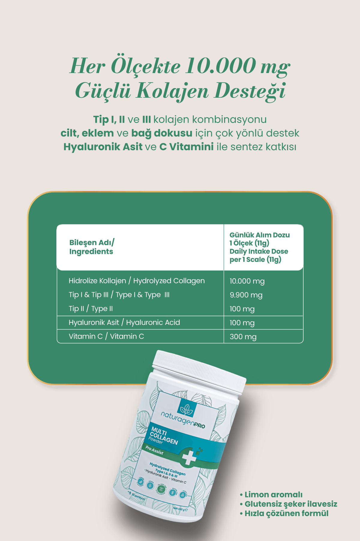 Pro Kolajen Powder Tip 1-2-3 Kolajen + Hyaluronik Asit + C Vitamini 330 Gr