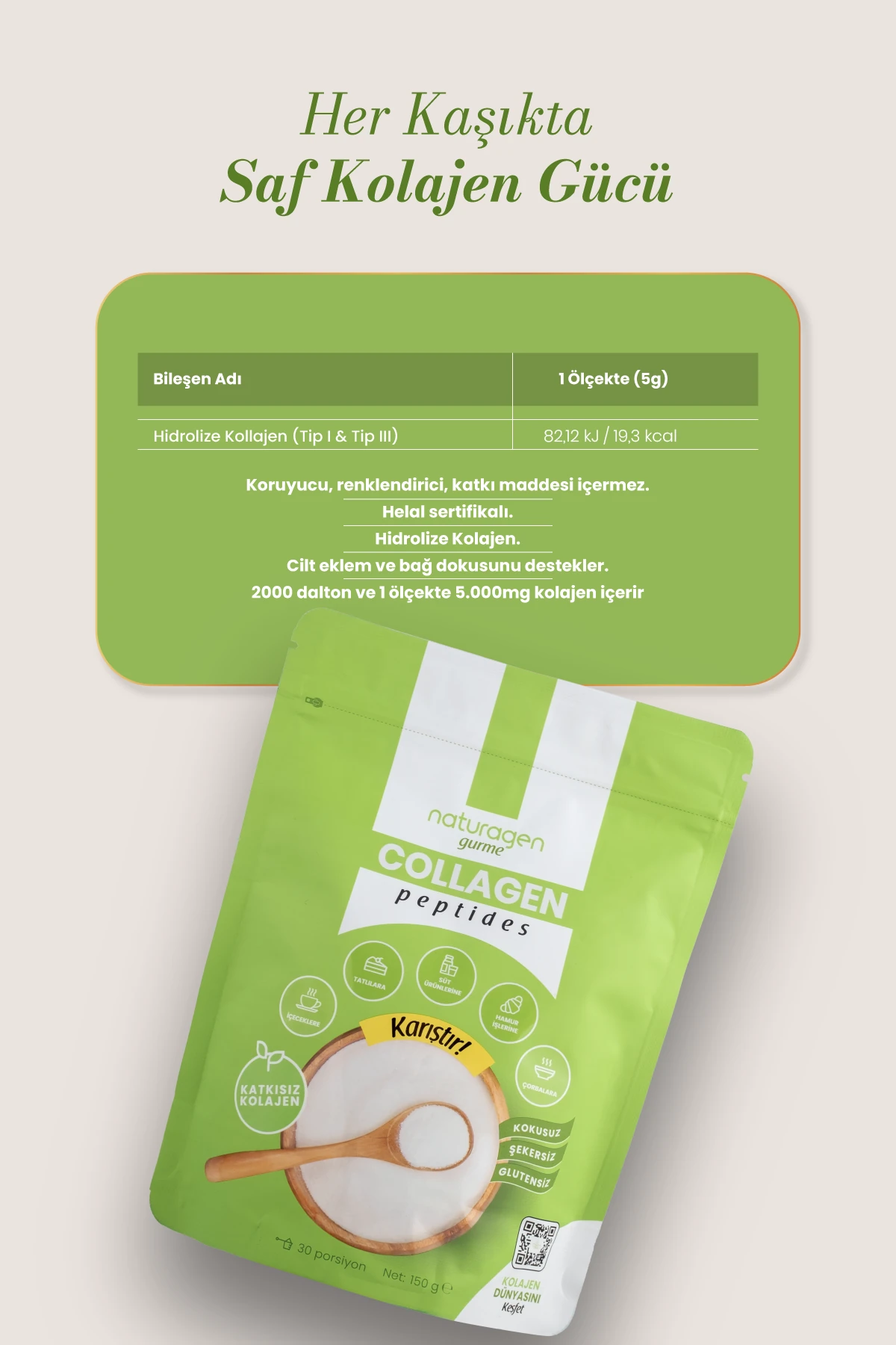 Kolajen Gurme %100 Saf 150 Gram Tip 1-3 Toz Kolajen