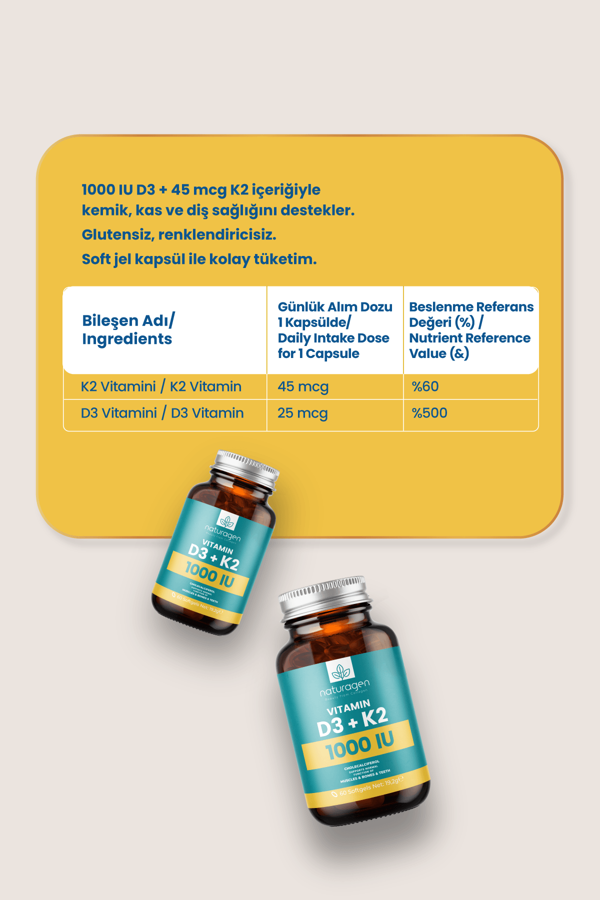 Vitamin D3 + K2 1000 IU 60 Kapsül