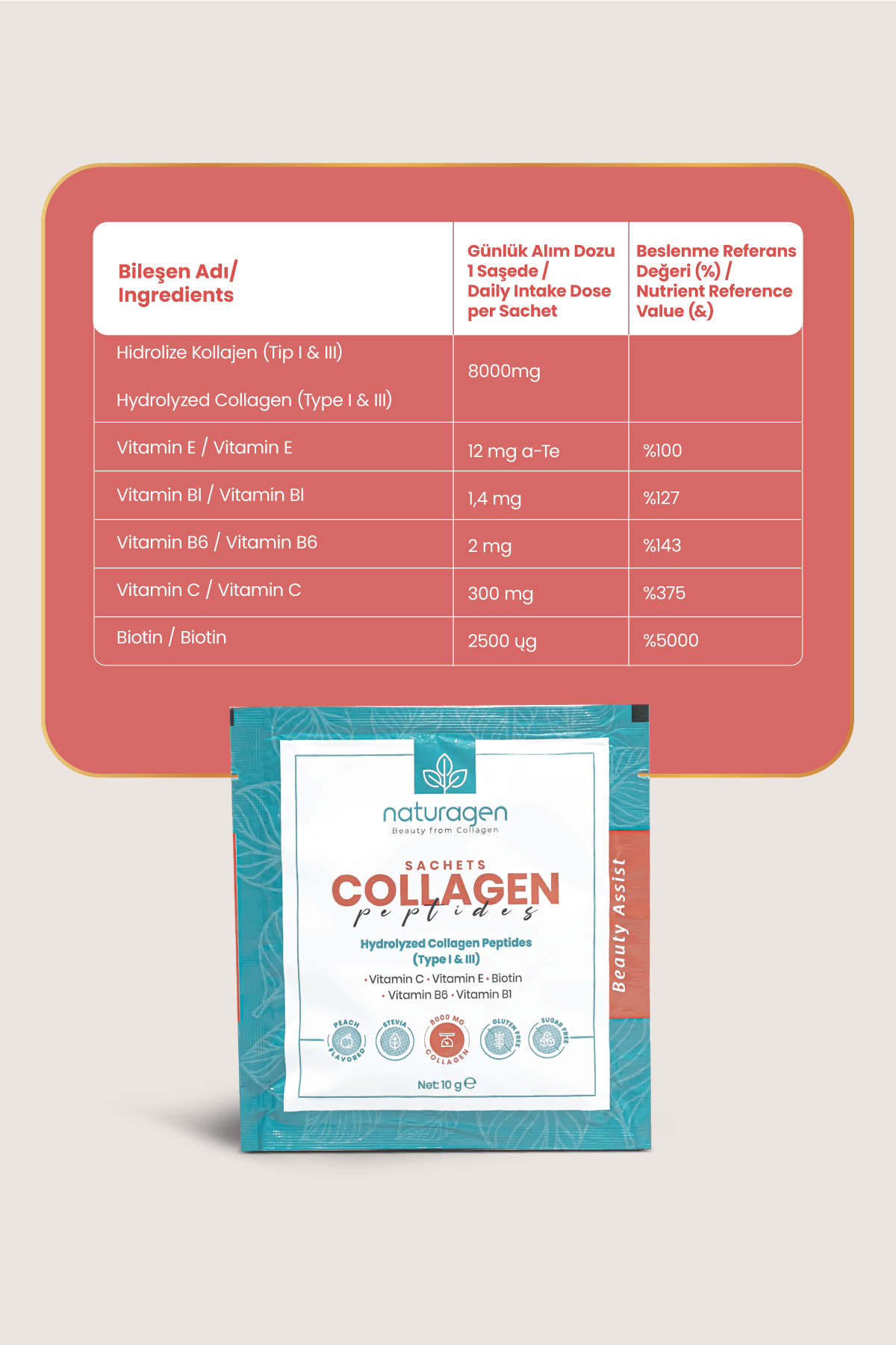Collagen Beauty 30'lu Saşe Şeftali Aromalı Tip 1-3 8000 Mg Hidrolize Toz Kolajen