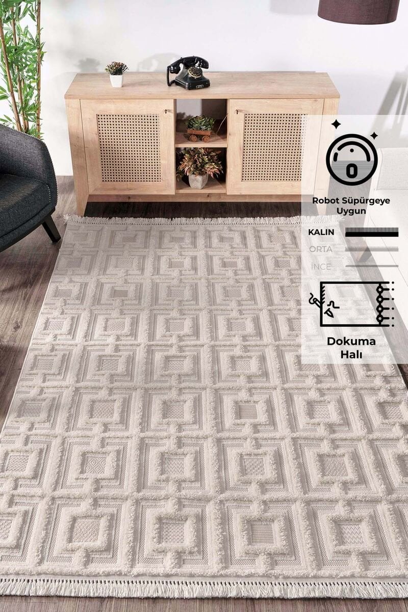 Bukle Halı Kare Desen Krem  200x290