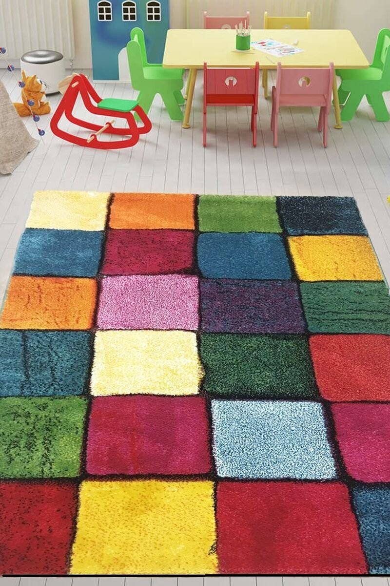 Renkli Halı Kare Desen 100x200