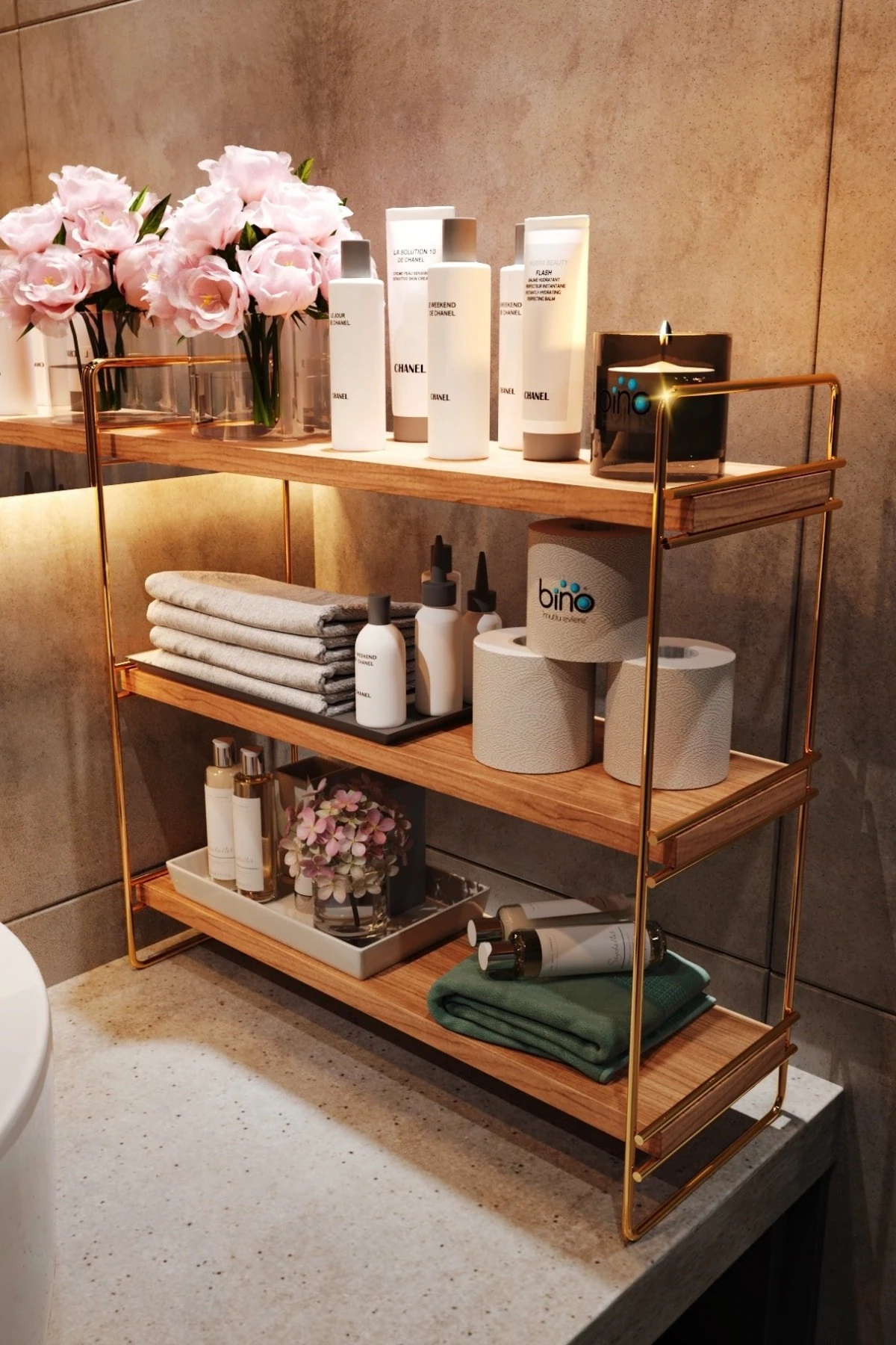 Masa Üstü Rafı 3'lü Altın 45x16x40cm