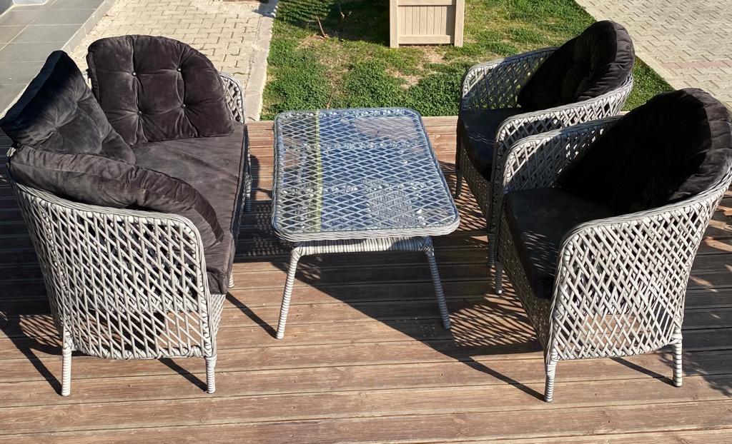 Plastik Rattan Oturma Seti Gri  2+1+1 Minder Antra